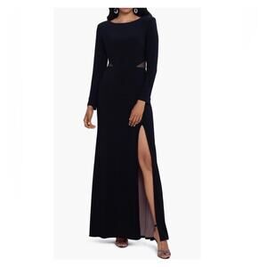 Xscape Illusion Cutout Long Sleeve Black Gold Front Slit Evening Gown Size 4